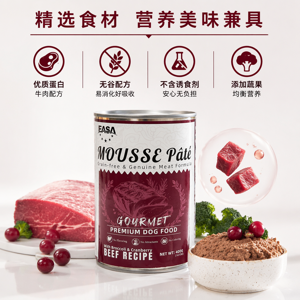 The red and white canned dog food, pet wet food and meat formula are nutritionally balanced and easy to digest