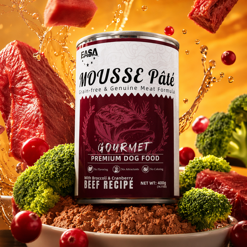The red and white canned dog food, pet wet food and meat formula are nutritionally balanced and easy to digest Specification image