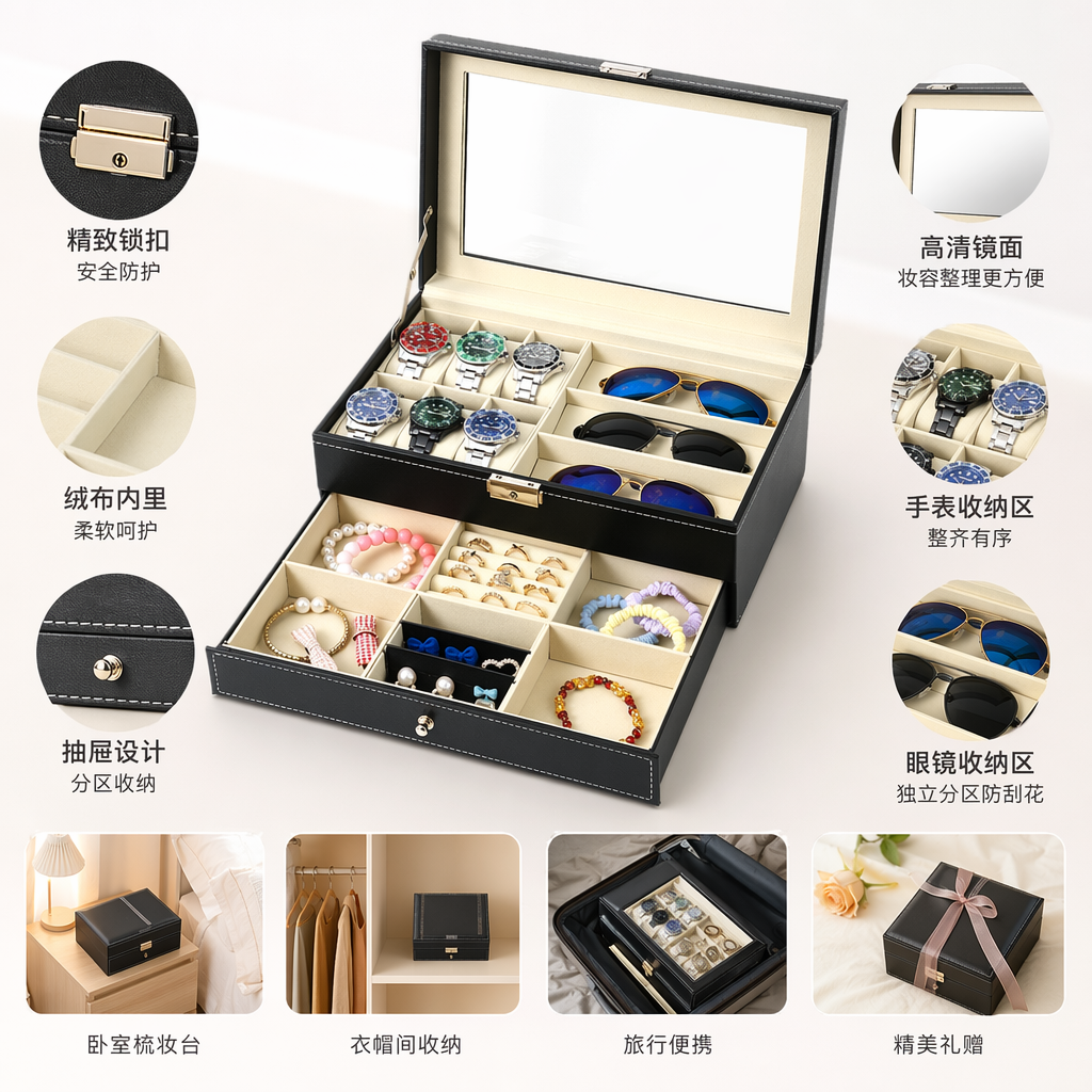 黑色皮质多功能首饰盒 内含手表太阳镜手链戒指耳环