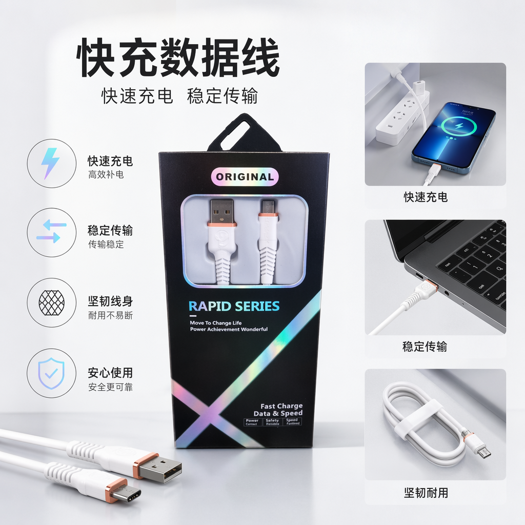 黑色包装盒数据线 快充耐用编织线 兼容TypeC手机平板