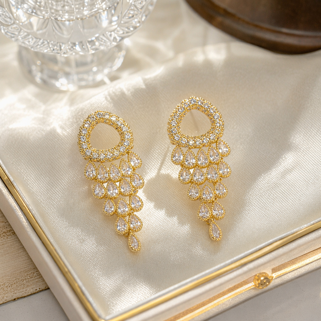 Golden teardrop-shaped diamond-encrusted earrings, fashionable and light luxury women's earrings, earrings, earrings, stud earrings, silver needle vintage accessories details Picture