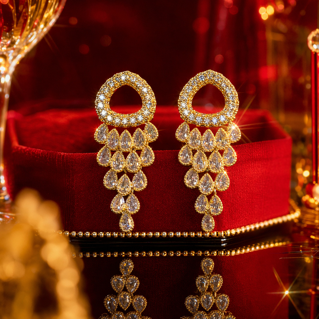 Golden teardrop-shaped diamond-encrusted earrings, fashionable and light luxury women's earrings, earrings, earrings, stud earrings, silver needle vintage accessories Specification image
