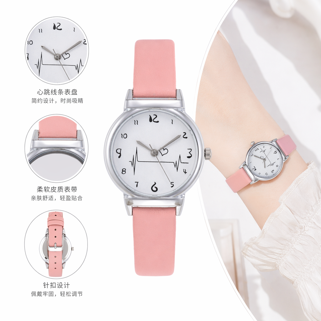 粉色表带手表 女士简约时尚石英腕表 亲肤硅胶表带