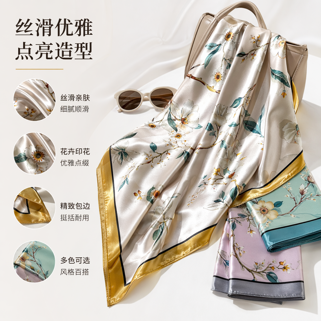 印花真丝丝巾轻薄透气女士春夏围巾时尚百搭
