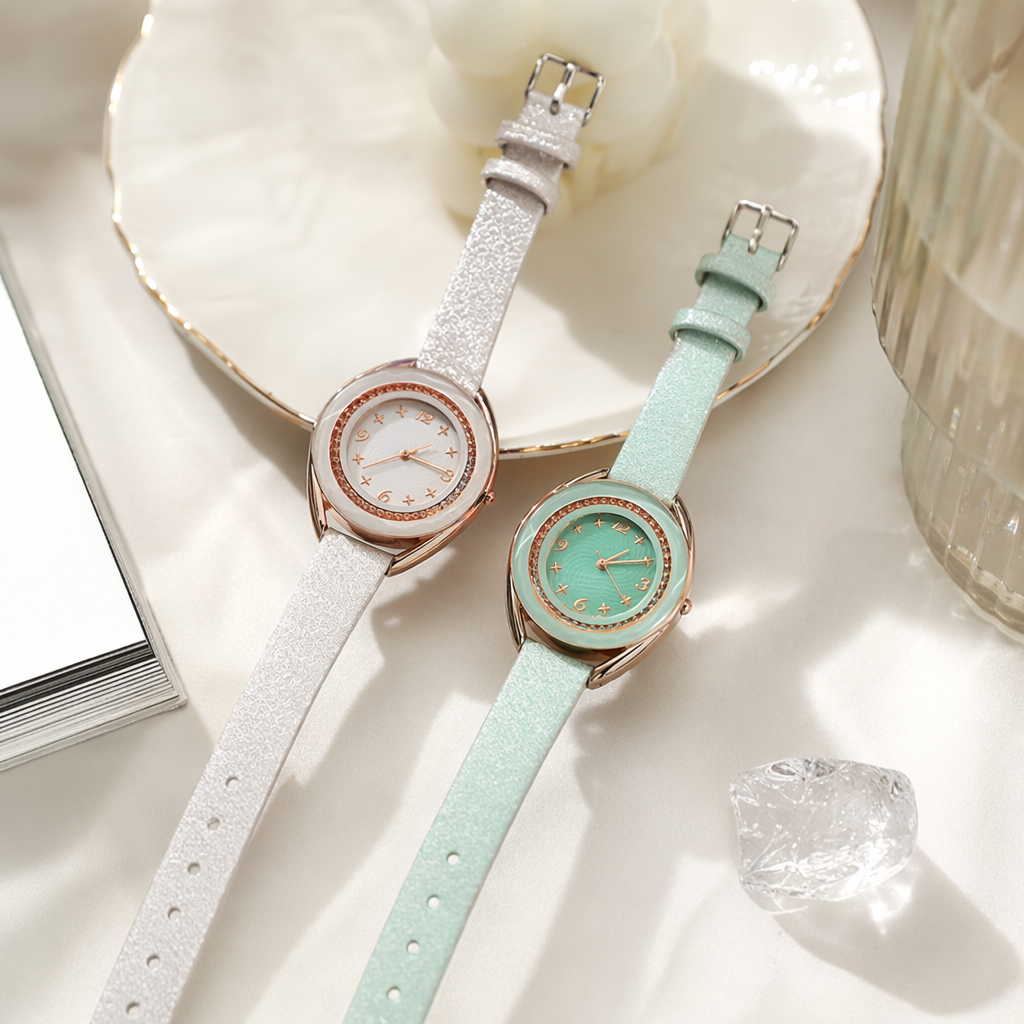 This white and mint green dual-strap quartz watch is fashionable and simple, suitable for both men and women details Picture