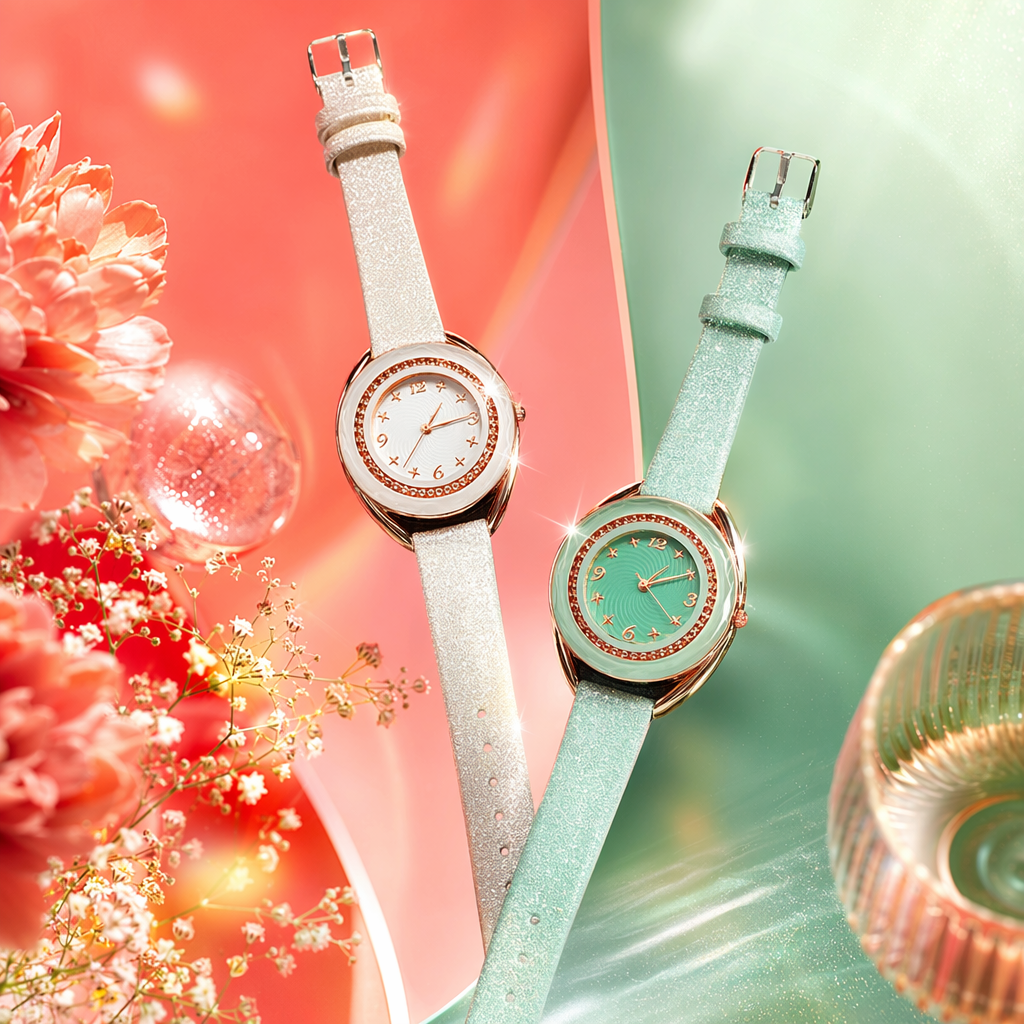 This white and mint green dual-strap quartz watch is fashionable and simple, suitable for both men and women Specification image