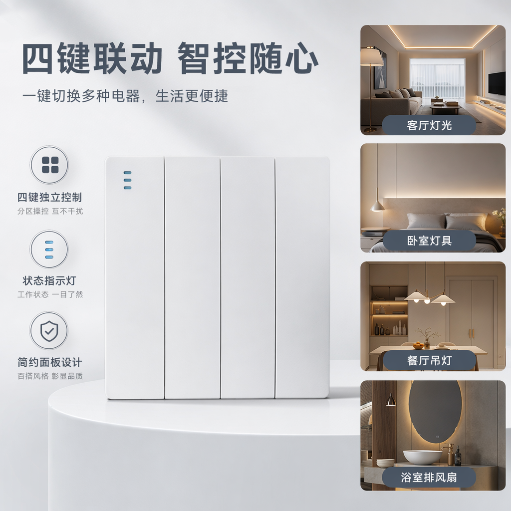 T2白色四联墙壁开关 家用暗装LED指示灯简约现代 出口专供