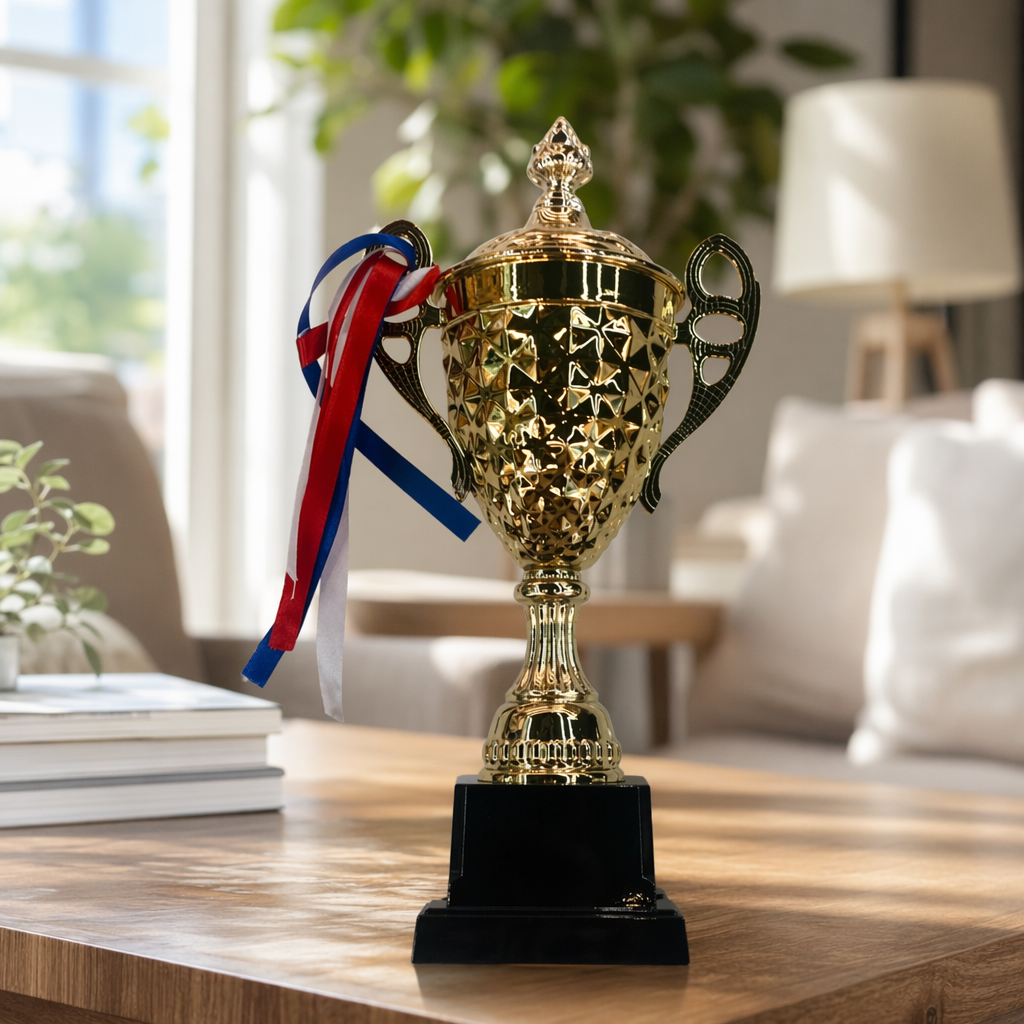Golden trophy creative display, celebration award ceremony decorative gift details Picture