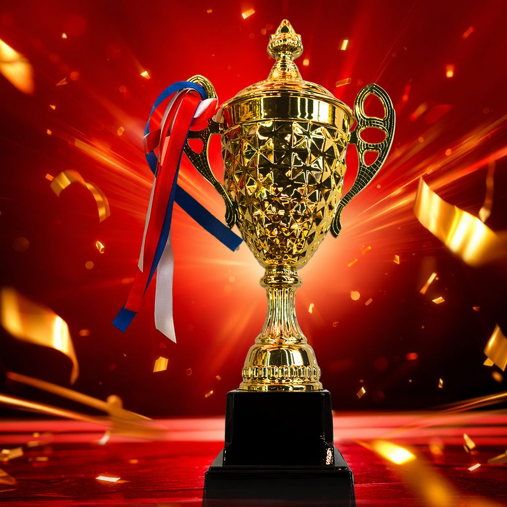 Golden trophy creative display, celebration award ceremony decorative gift Specification image