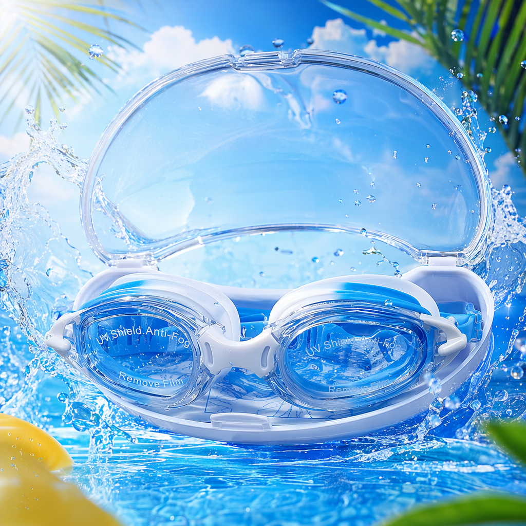 Blue and white swimming goggles with a transparent storage case, anti-fog and waterproof, comfortable and snug swimming glasses Specification image