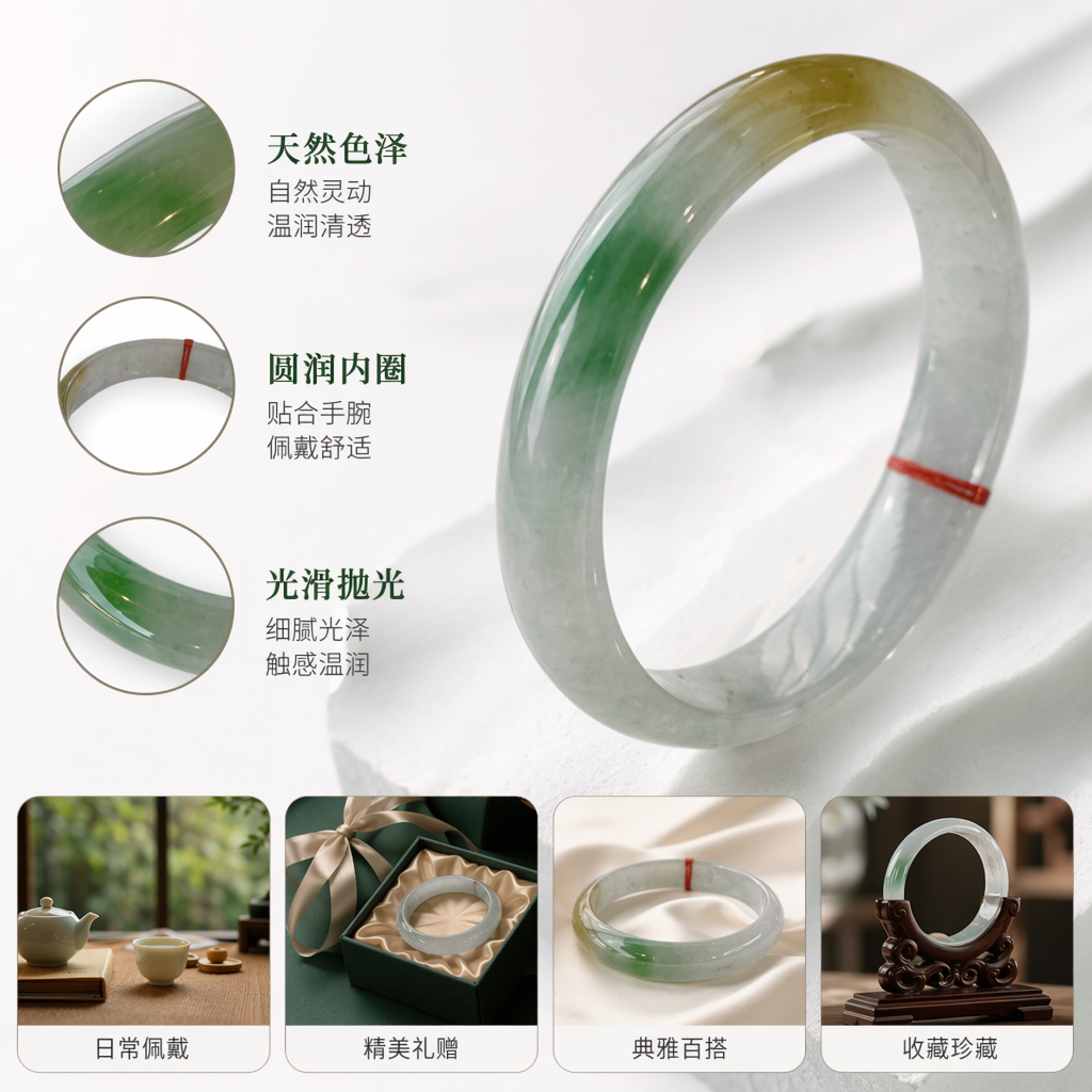 天然A货绿色翡翠手镯女士圆条正圈冰种玉镯