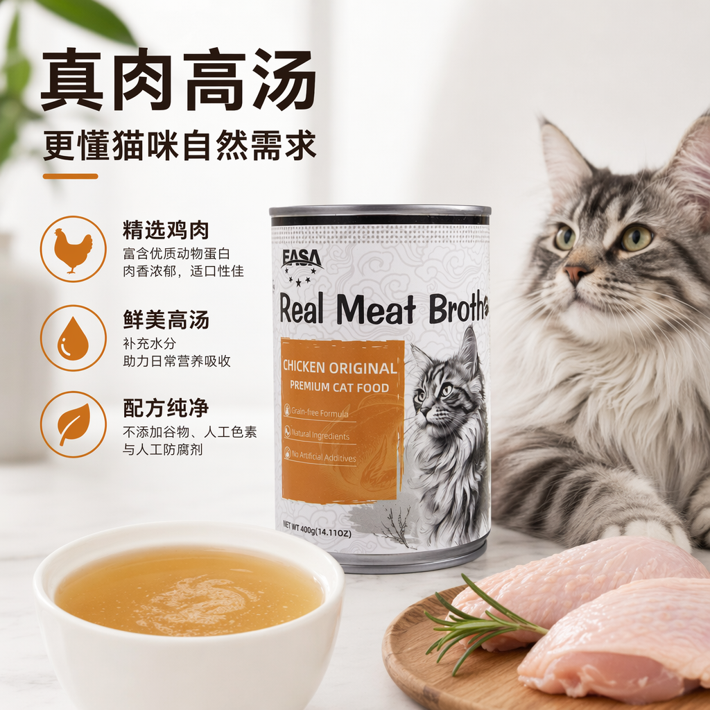 白色罐装猫粮 Real Meat Broth 猫图案标签含真实肉汁