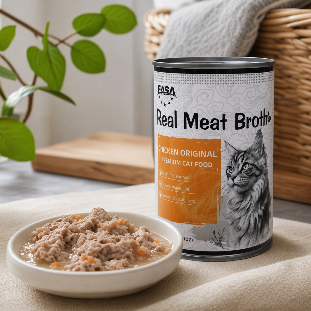 White canned cat food Real Meat Broth with cat pattern label contains real meat broth details Picture