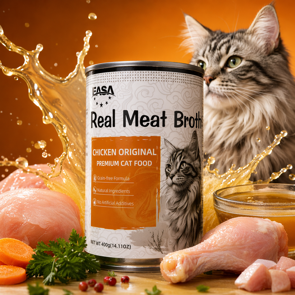White canned cat food Real Meat Broth with cat pattern label contains real meat broth Specification image