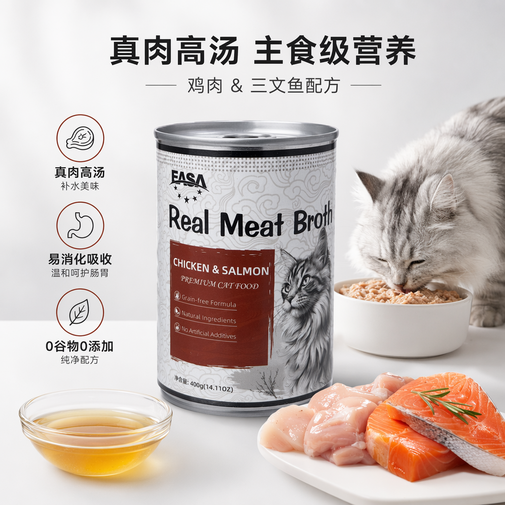 银色罐装真实肉汁鸡鲑鱼 premium 猫粮含猫咪图案