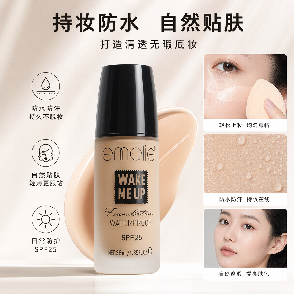 emelie Wake Me Up防水粉底液 米色瓶身黑色瓶盖