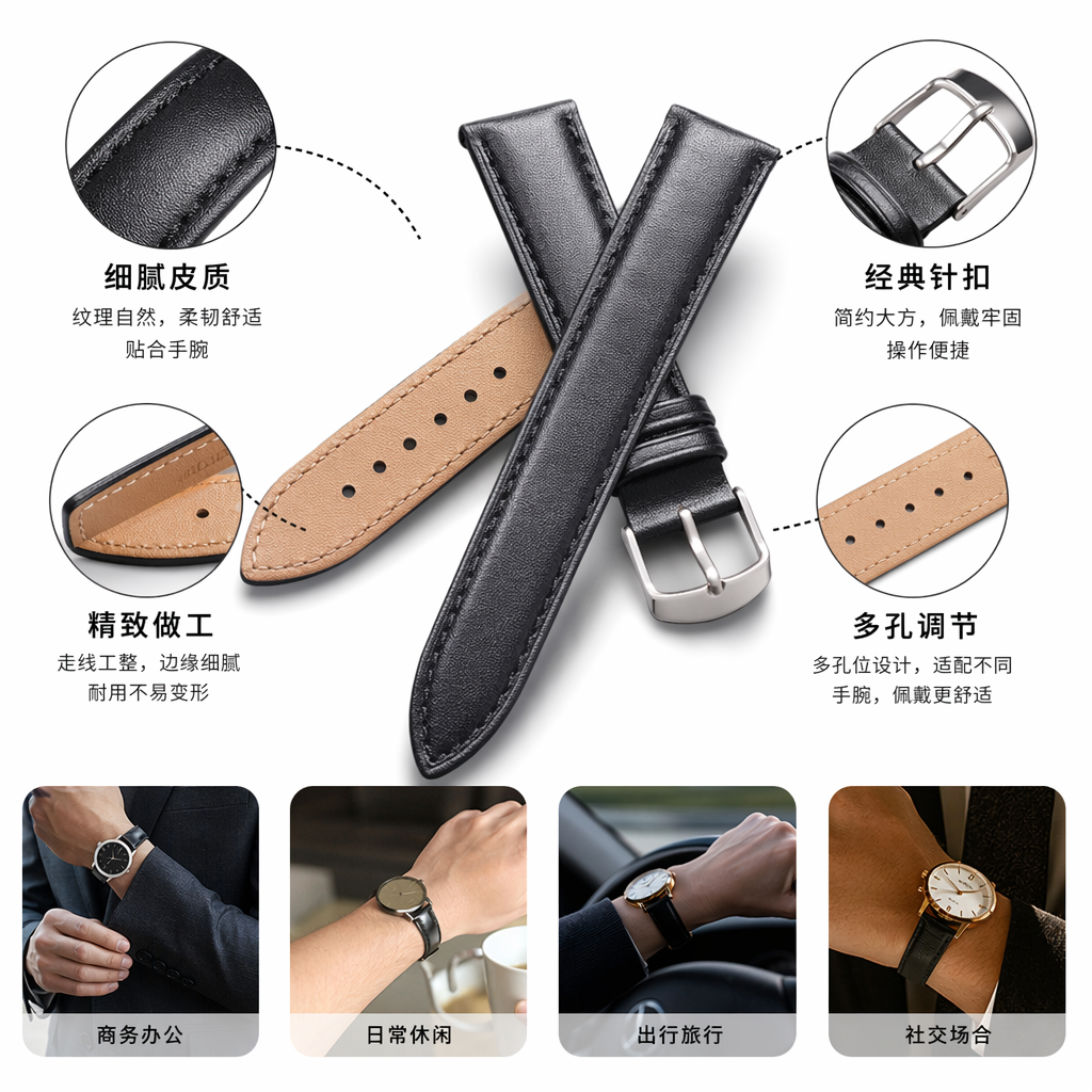 黑色表带棕色内衬真皮手表表带适配多种品牌男女士通用