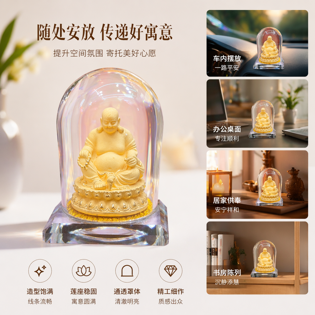 金色弥勒佛雕像配透明玻璃罩摆件家居装饰