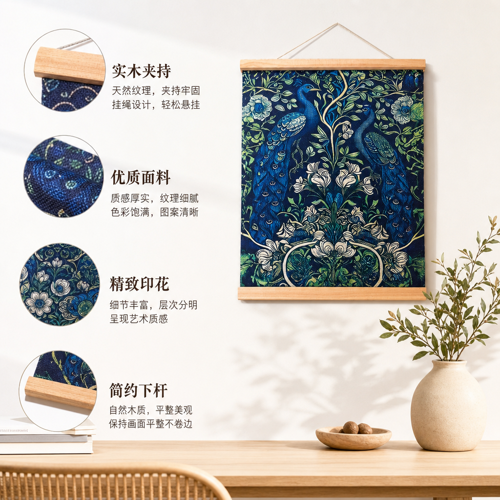 蓝色孔雀花卉图案挂画客厅卧室装饰画现代简约北欧风
