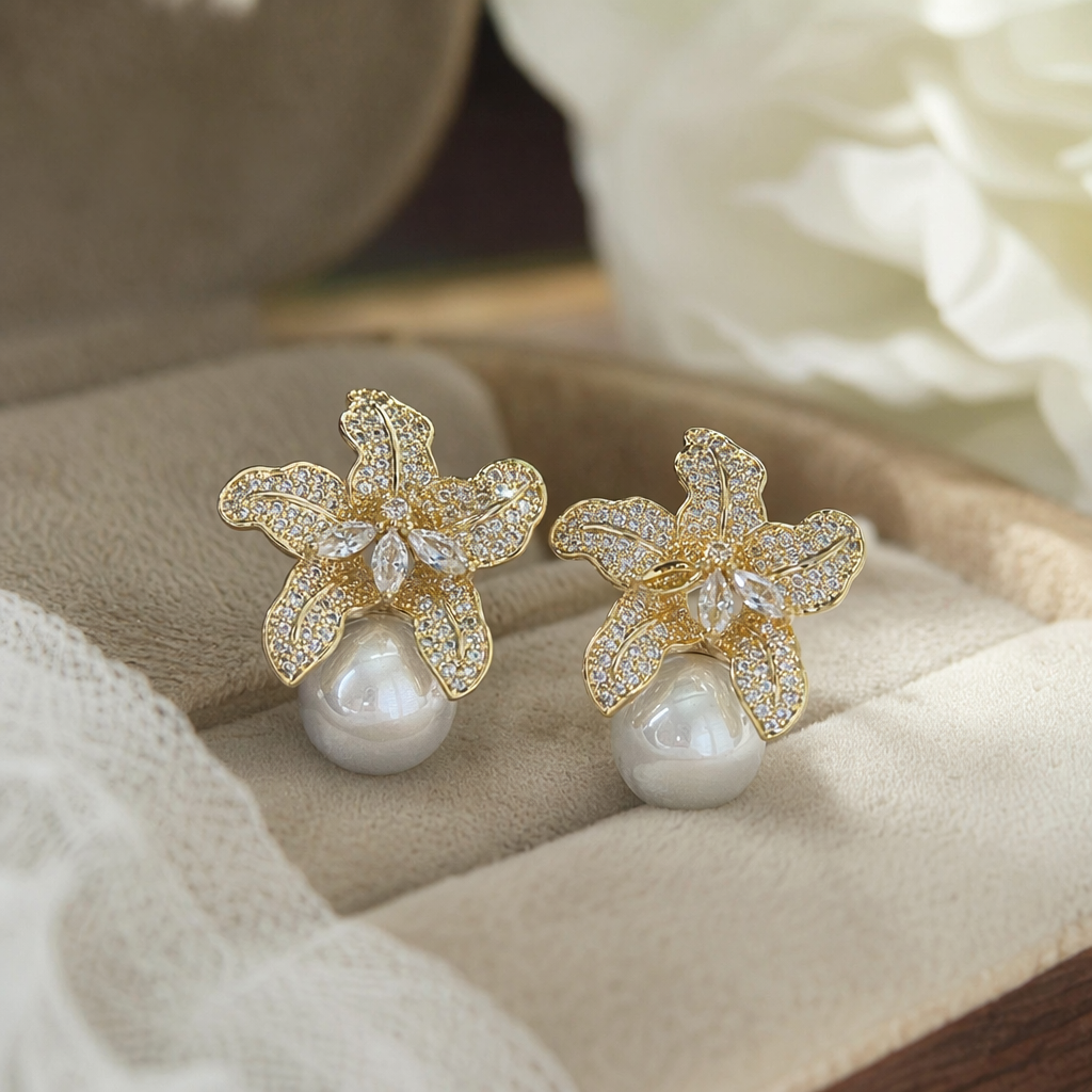 Golden diamond-encrusted flower earrings with pearl pendants, earrings, earrings, stud earrings, silver needle vintage accessories details Picture