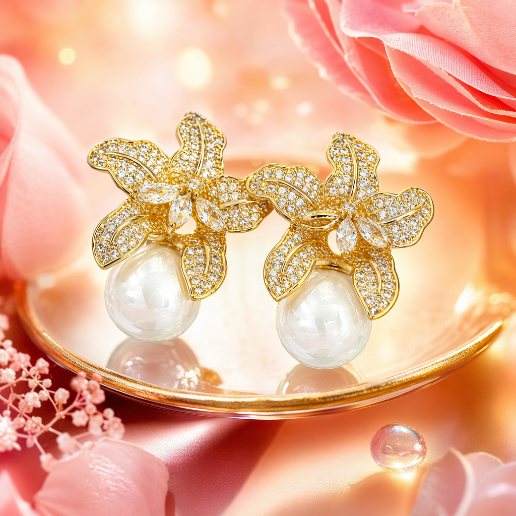 Golden diamond-encrusted flower earrings with pearl pendants, earrings, earrings, stud earrings, silver needle vintage accessories Specification image