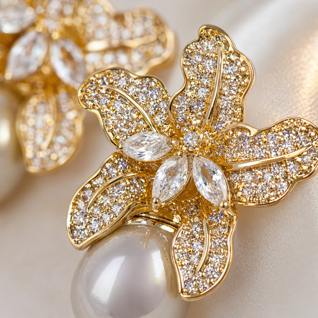 Golden diamond-encrusted flower earrings with pearl pendants, earrings, earrings, stud earrings, silver needle vintage accessories Application Scenario