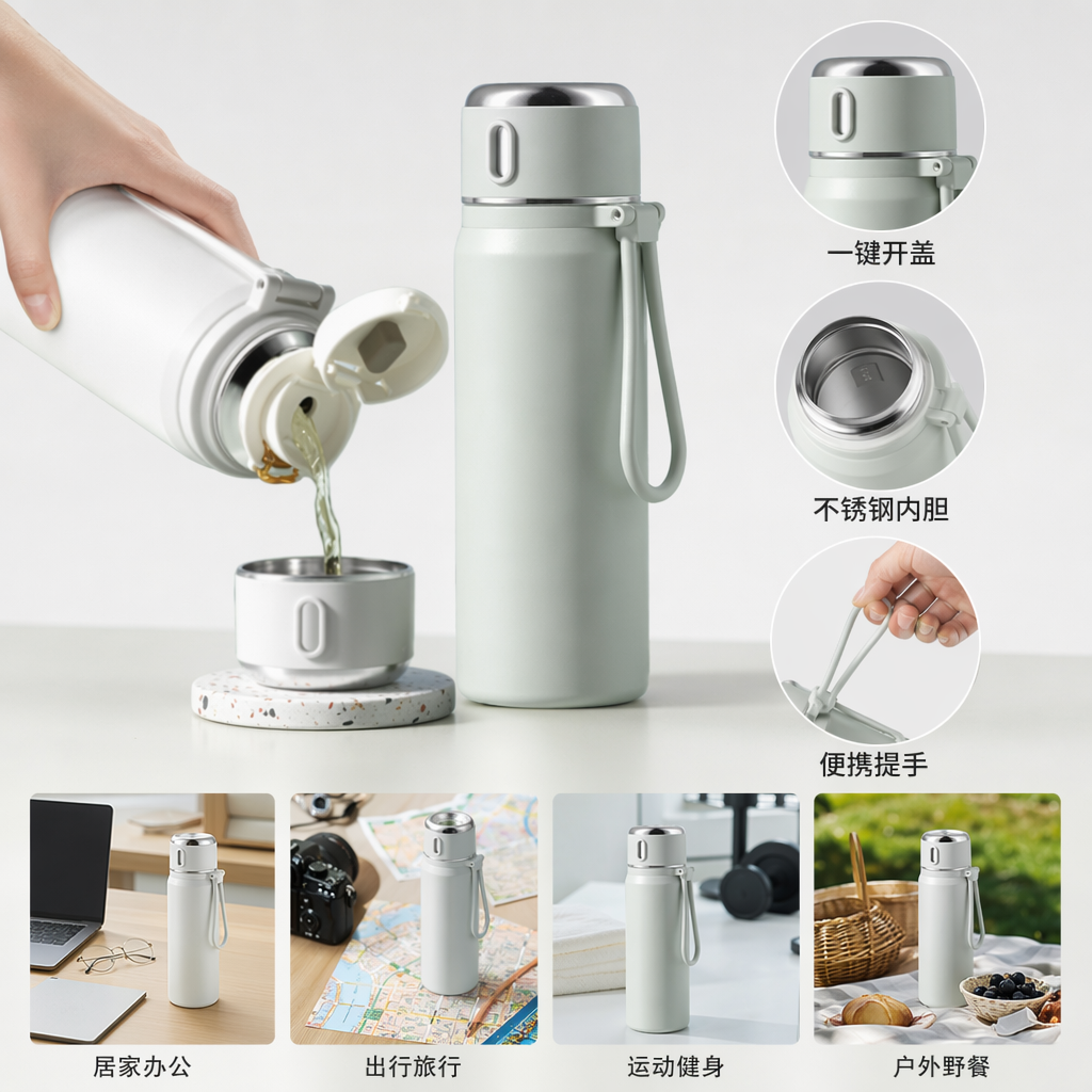 浅绿色保温杯配白色茶漏杯 304不锈钢真空隔热便携茶具