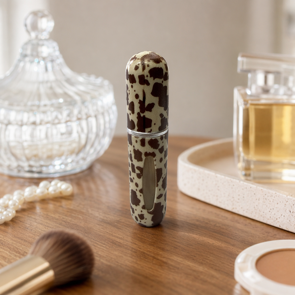 5ml brown and white spotted pattern perfume bottle, portable travel set, simple design, portable perfume bottle, plastic bottle details Picture