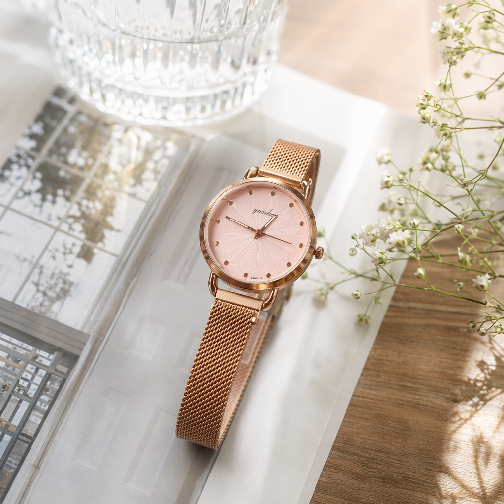 A simple quartz watch for men with a golden dial, waterproof calendar and luminous hands details Picture