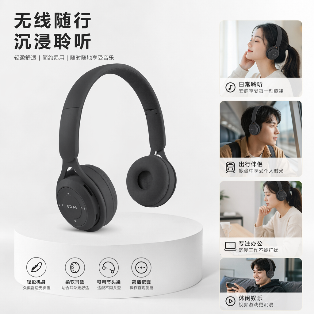 黑色头戴式耳机 舒适降噪 高保真音质 有线无线双模