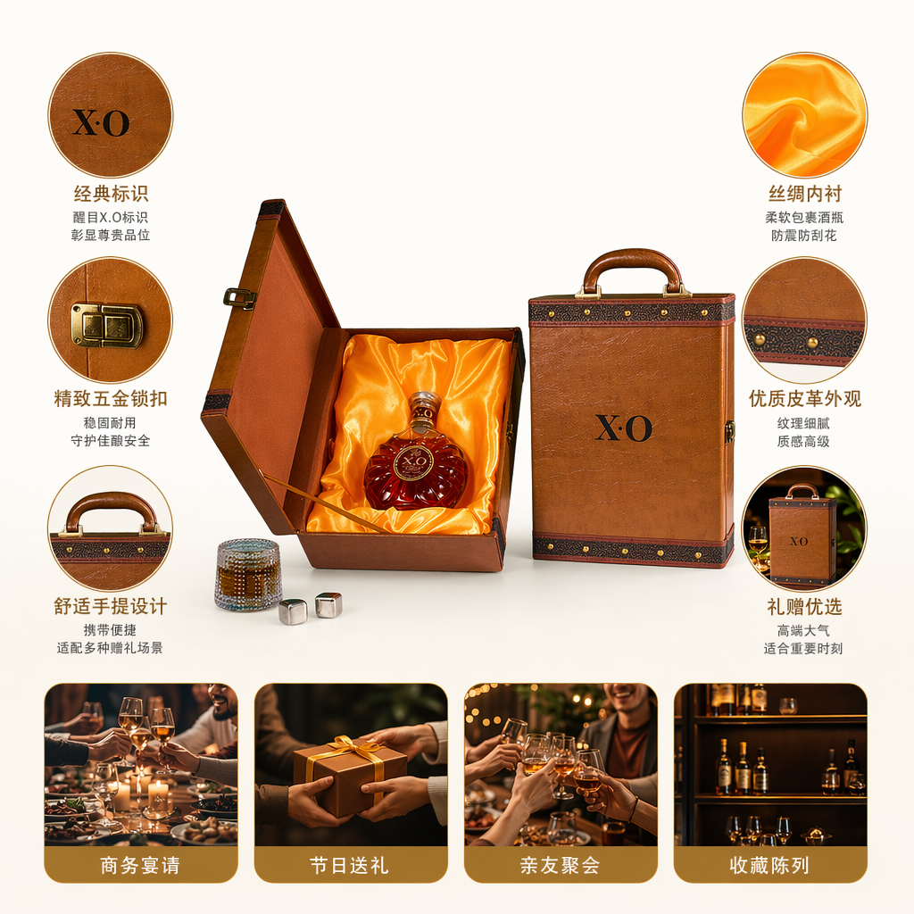 棕色皮质手提礼盒装酒瓶 高端商务伴手礼定制礼品盒