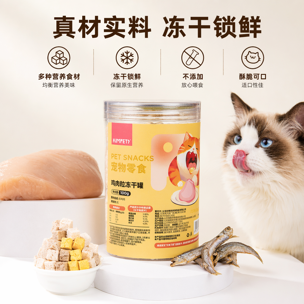 黄色标签透明罐装宠物零食 猫狗通用健康零食