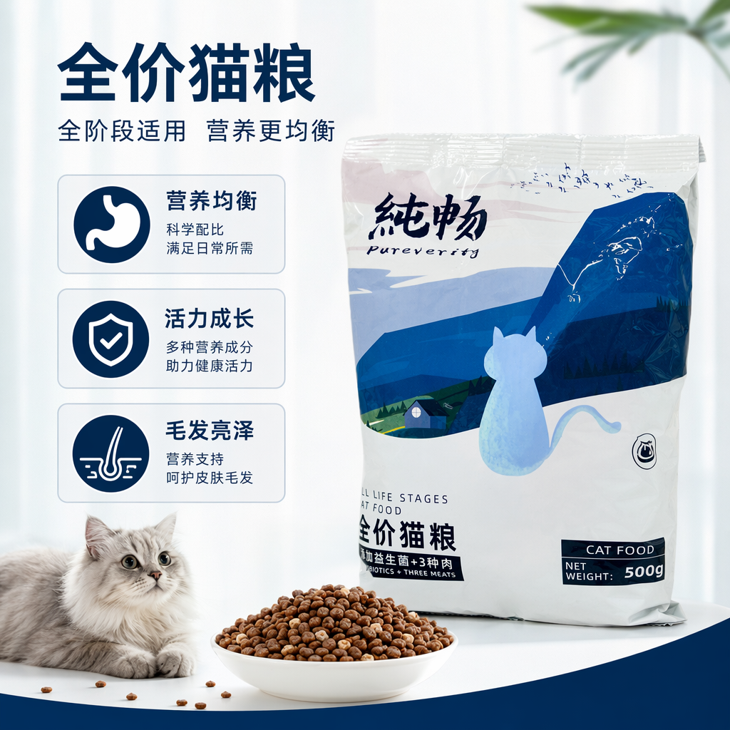 蓝白包装袋猫粮天然无谷成猫专用营养均衡