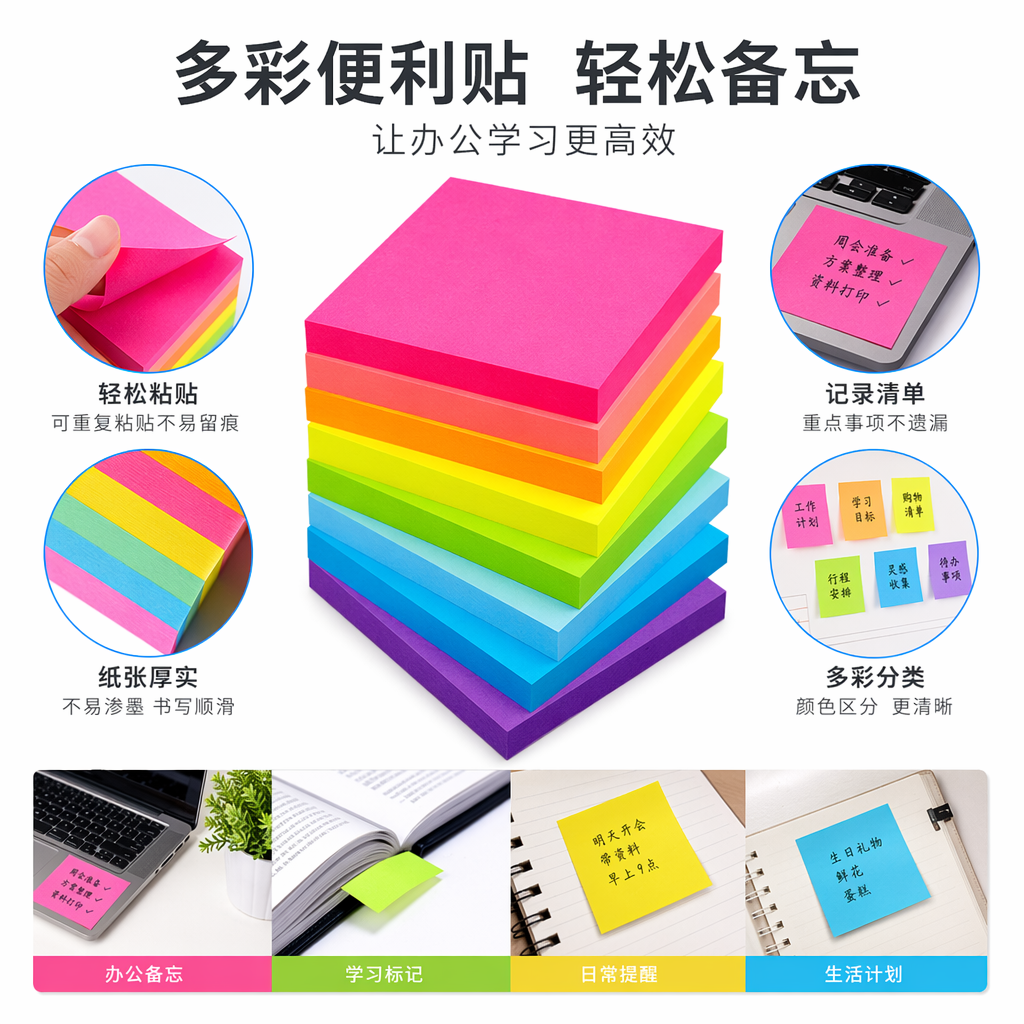 彩虹色便签纸堆叠式办公学习用彩色便利贴