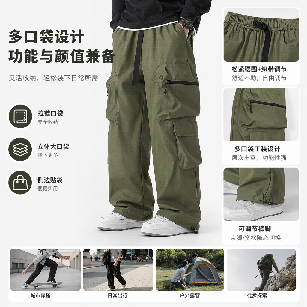 Four types of cargo pants: black, dark grey, dark military green, khaki, wide legs, multiple pockets, drawstring waist