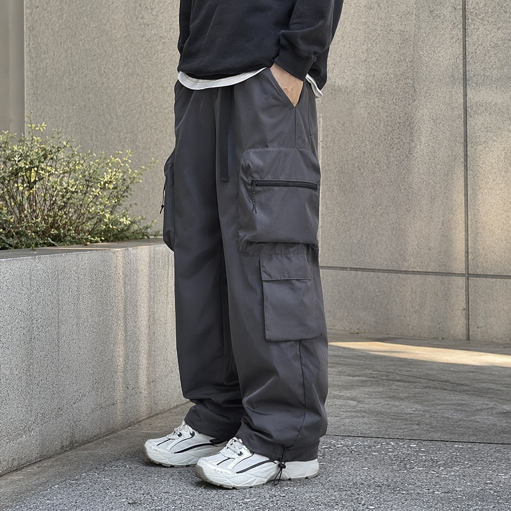 Four types of cargo pants: black, dark grey, dark military green, khaki, wide legs, multiple pockets, drawstring waist details Picture