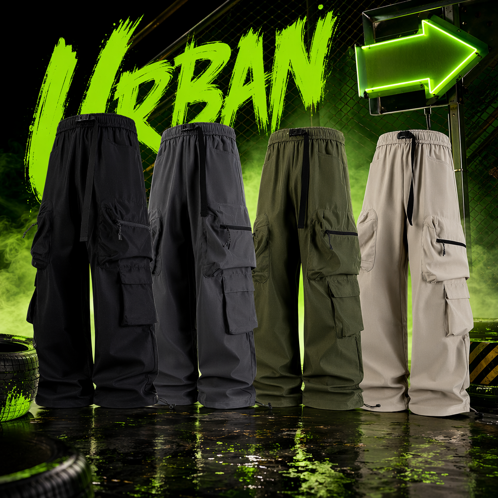 Four types of cargo pants: black, dark grey, dark military green, khaki, wide legs, multiple pockets, drawstring waist Specification image