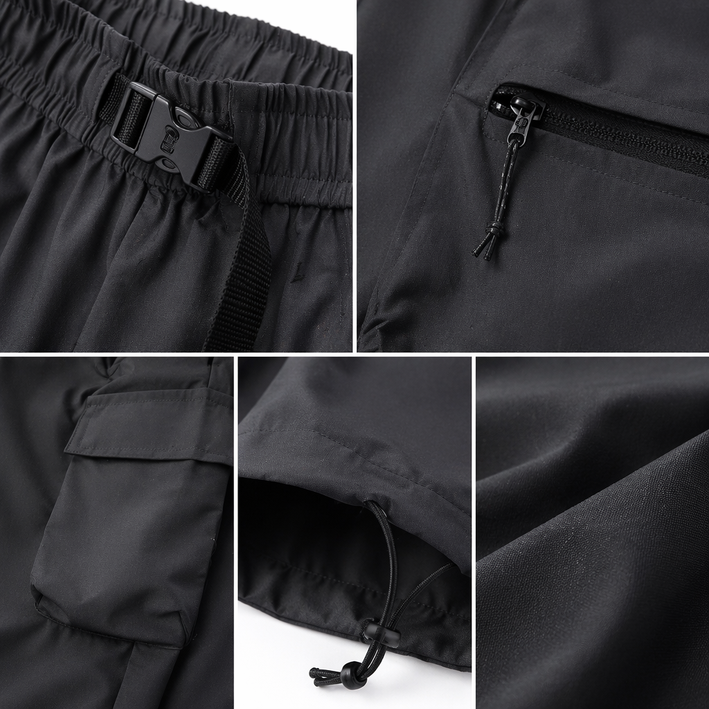 Four types of cargo pants: black, dark grey, dark military green, khaki, wide legs, multiple pockets, drawstring waist Application Scenario