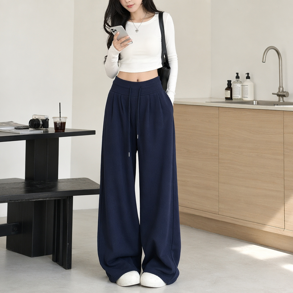 Women's navy blue fleece wide-leg pants with a slimming and drooping look captured by a model in autumn and winter details Picture