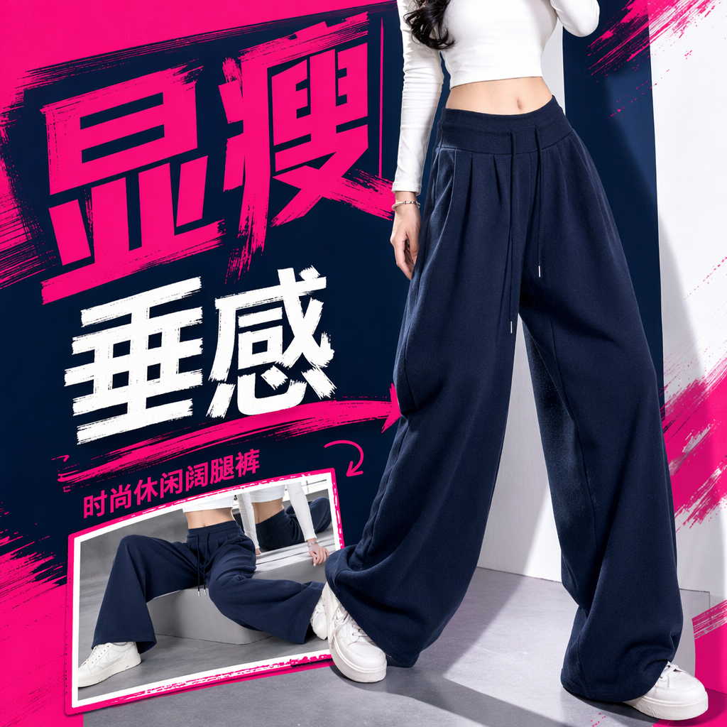 Women's navy blue fleece wide-leg pants with a slimming and drooping look captured by a model in autumn and winter Specification image