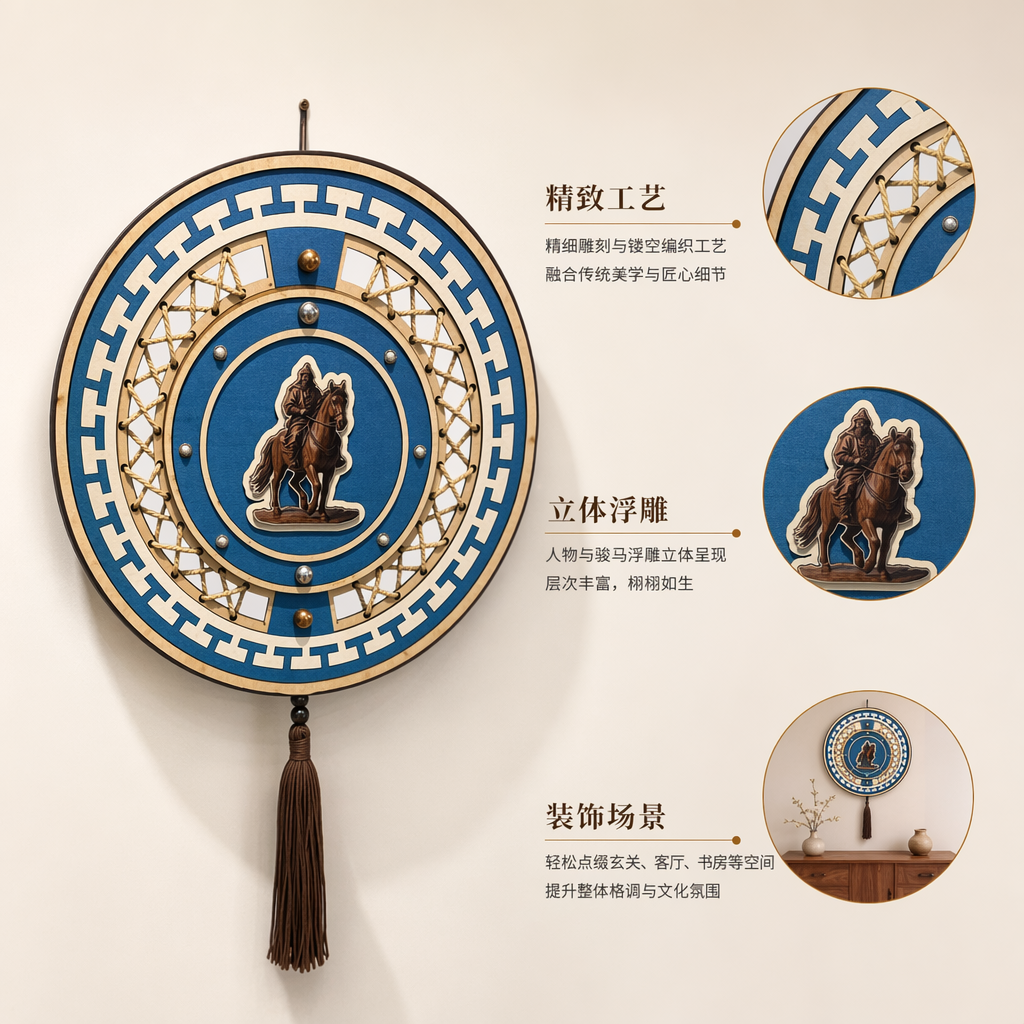 蓝色圆形骑马人物剪影装饰挂件