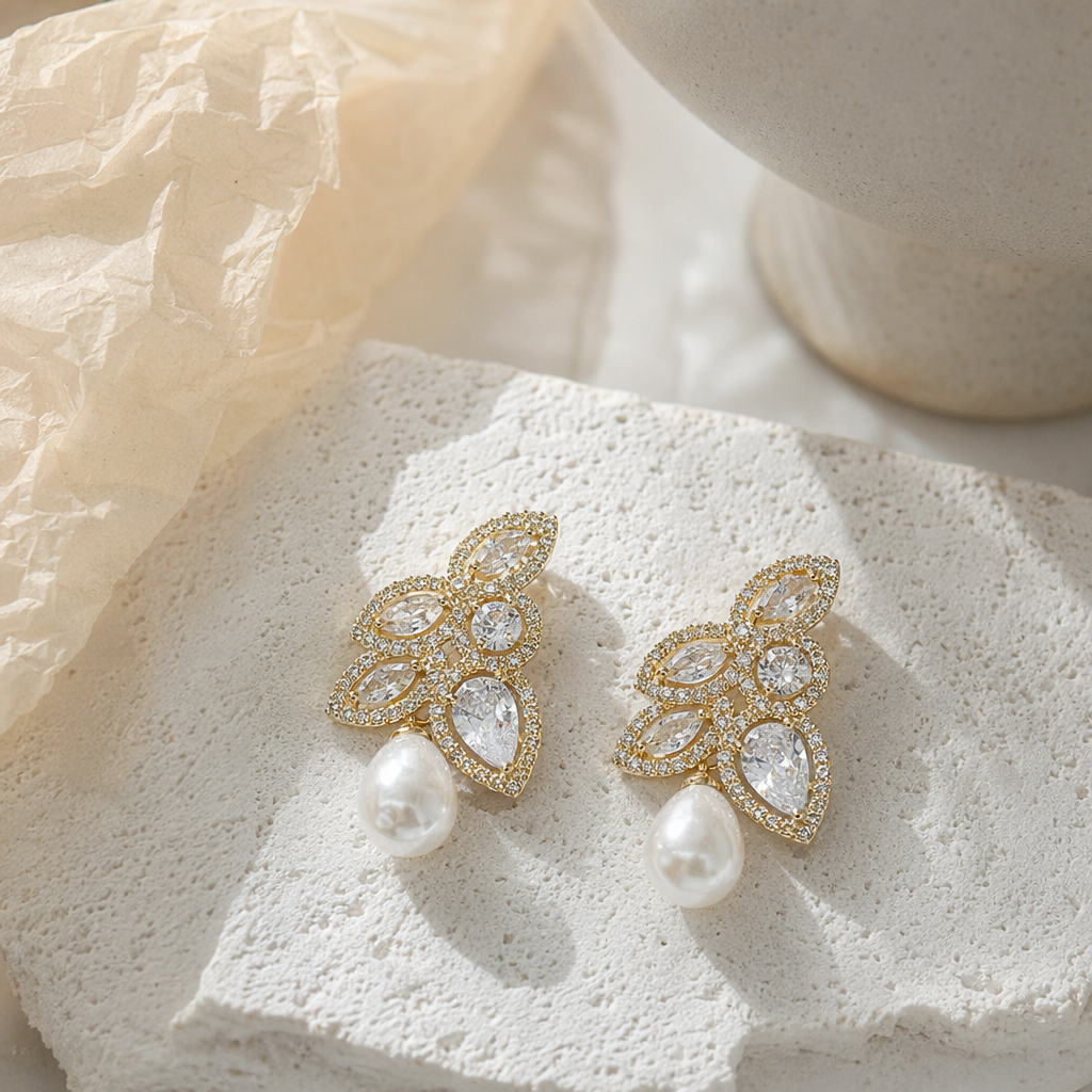 Golden diamond-encrusted leaf-shaped earrings with pearl pendants, earrings, earrings, stud earrings, silver needle vintage accessories details Picture