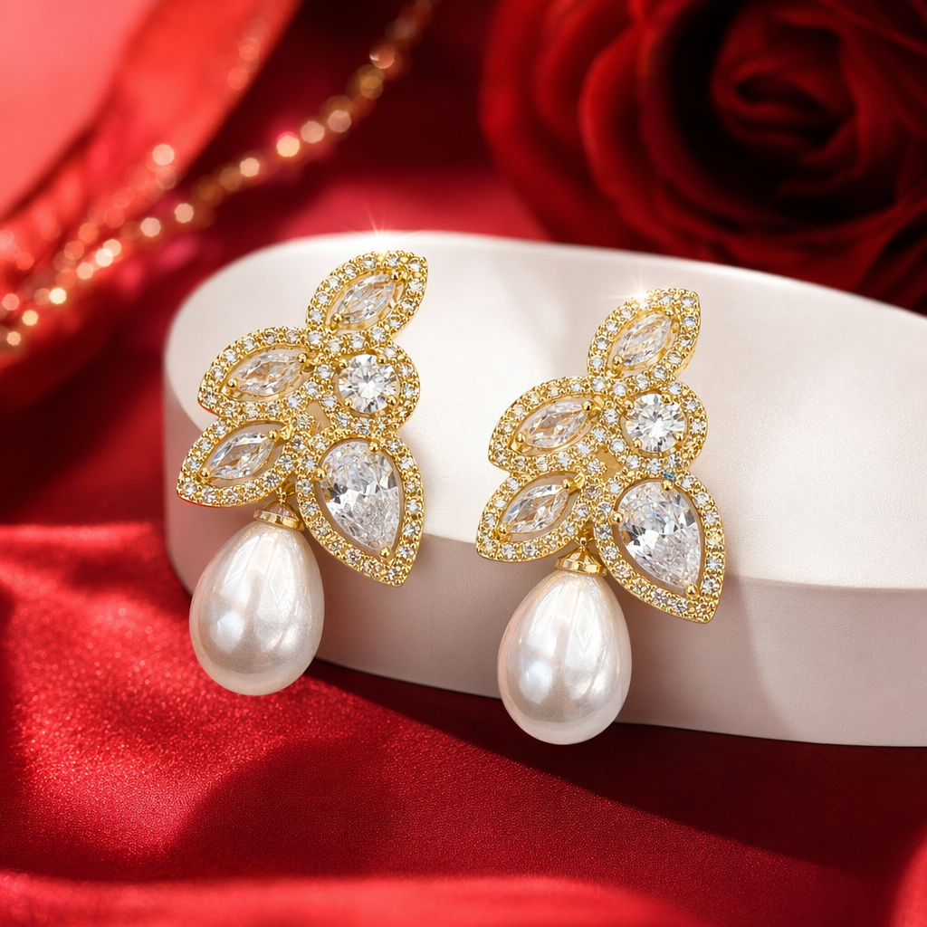 Golden diamond-encrusted leaf-shaped earrings with pearl pendants, earrings, earrings, stud earrings, silver needle vintage accessories Specification image