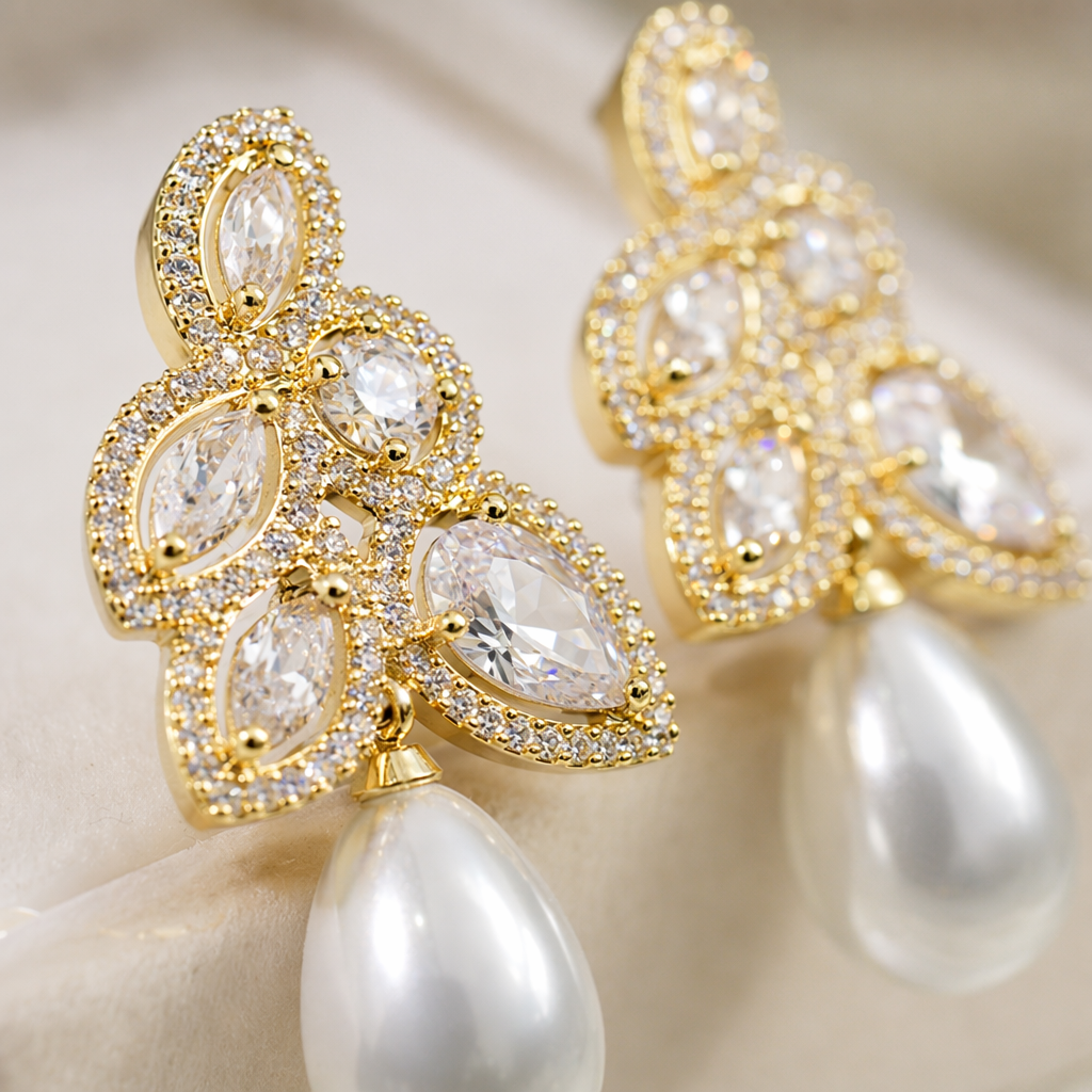 Golden diamond-encrusted leaf-shaped earrings with pearl pendants, earrings, earrings, stud earrings, silver needle vintage accessories Application Scenario