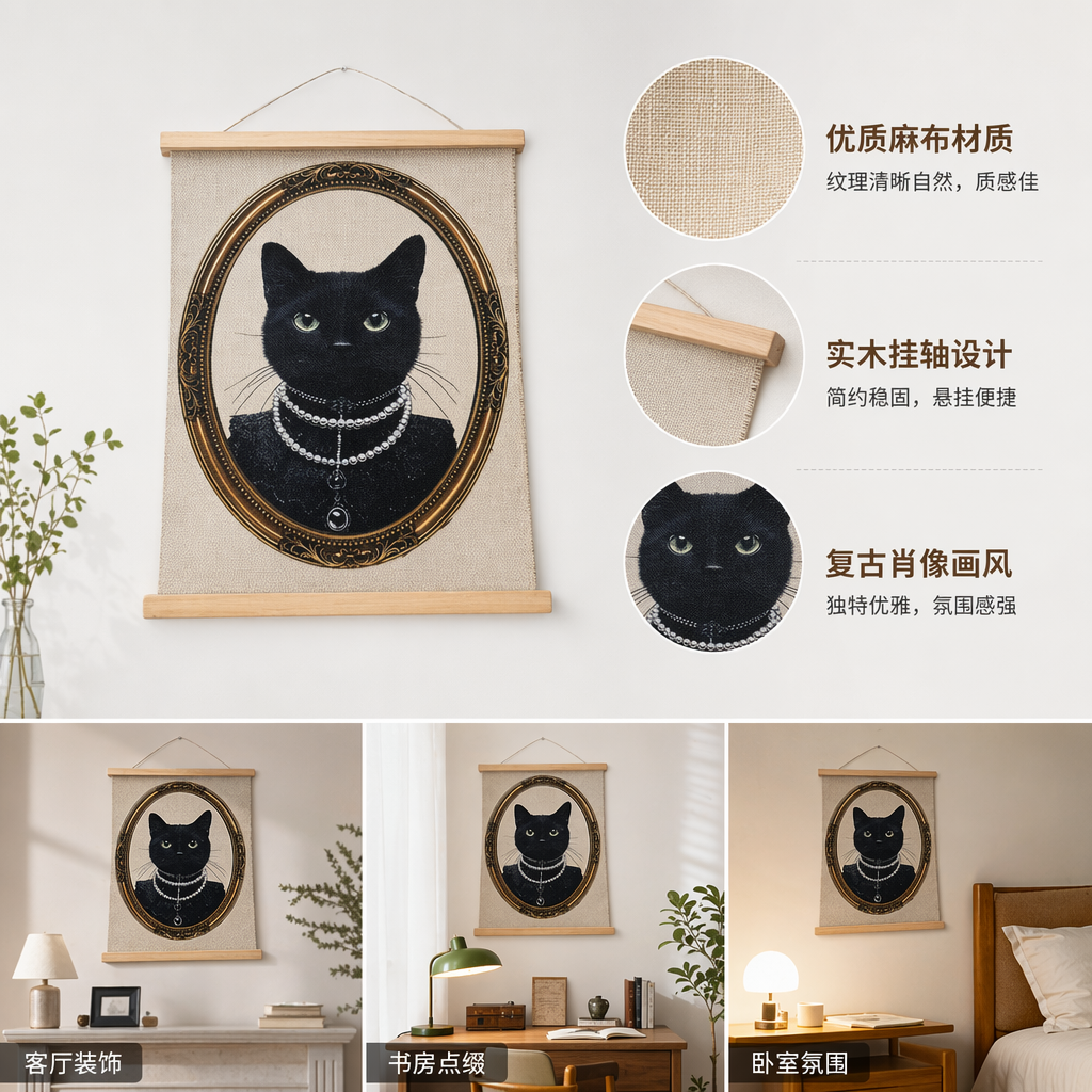 黑色猫咪画像装饰画 墙面挂画 家居软装 简约北欧风图