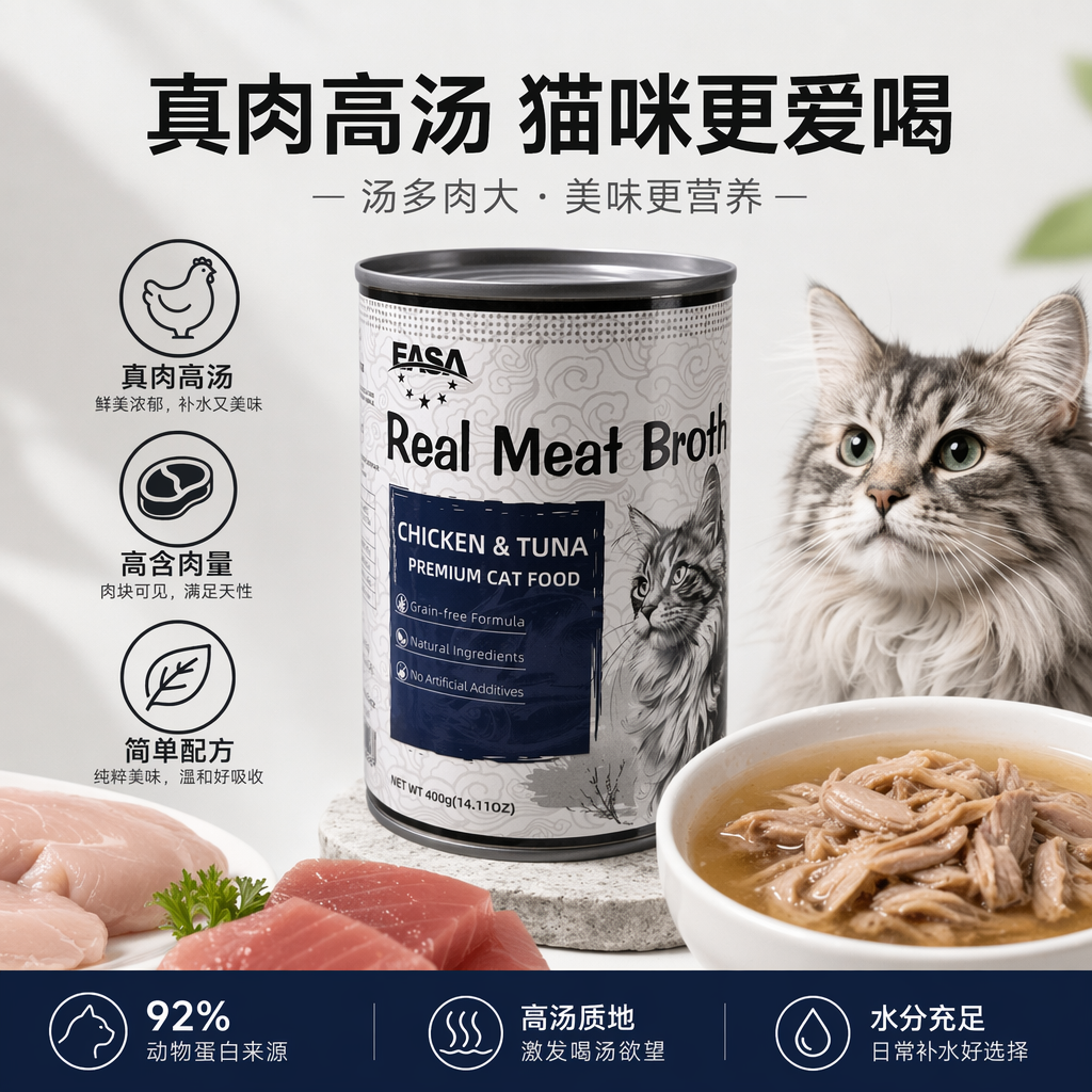 الوسم الملصق على القط الأبيض المعلب (Real Meat Broth) هو وصفة الحساء