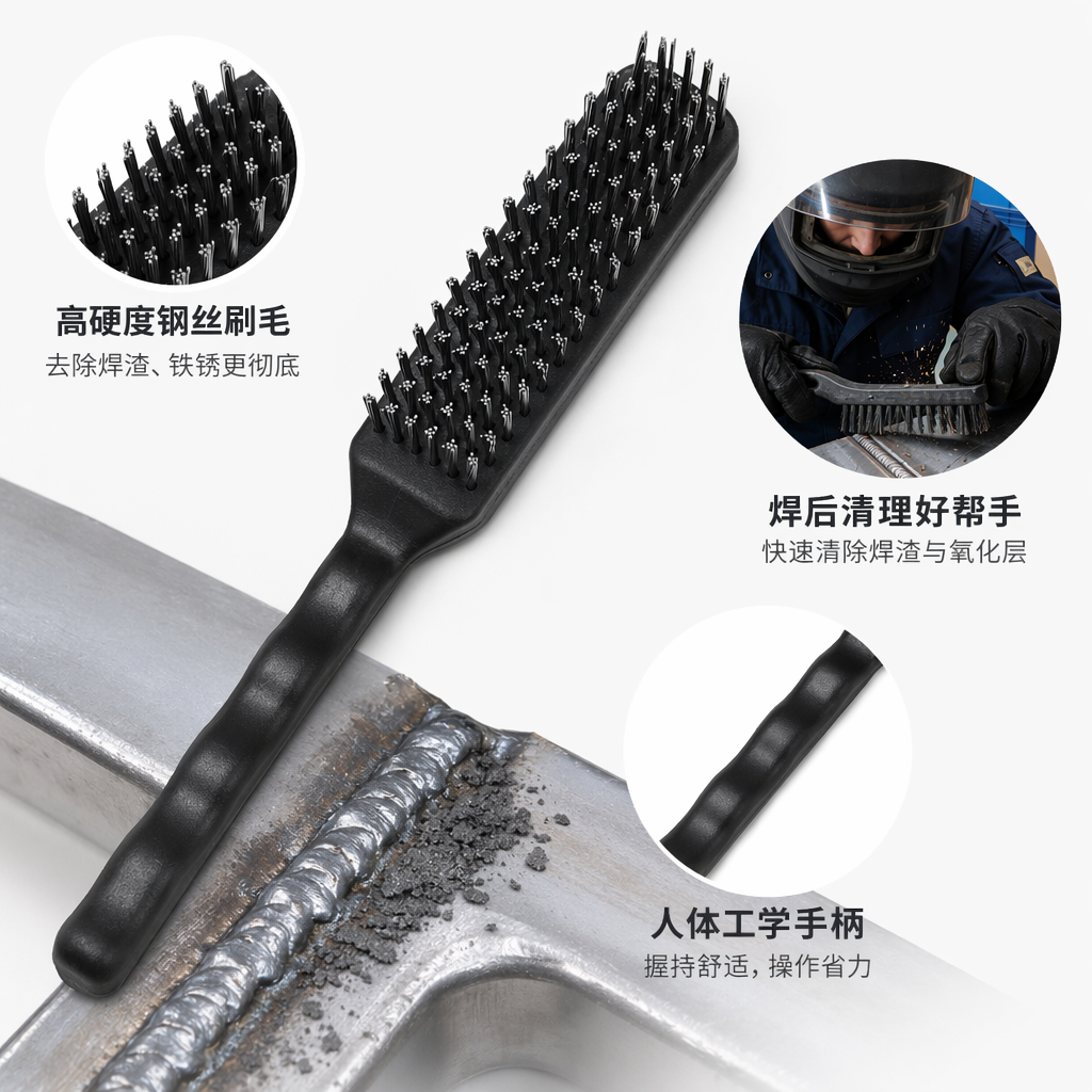 A special wire brush for rust removal, grinding and cleaning of metal T-shaped welded parts