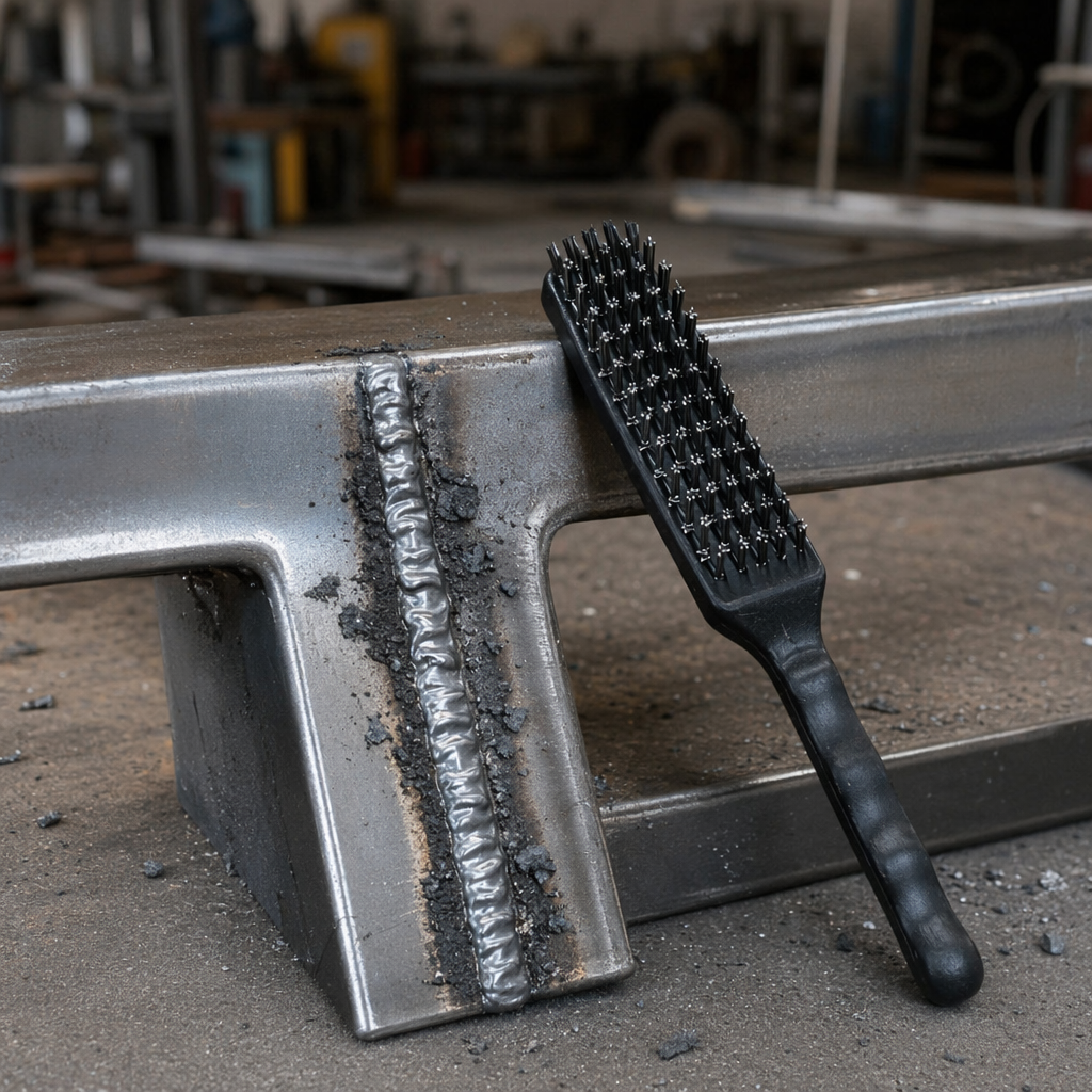 A special wire brush for rust removal, grinding and cleaning of metal T-shaped welded parts details Picture
