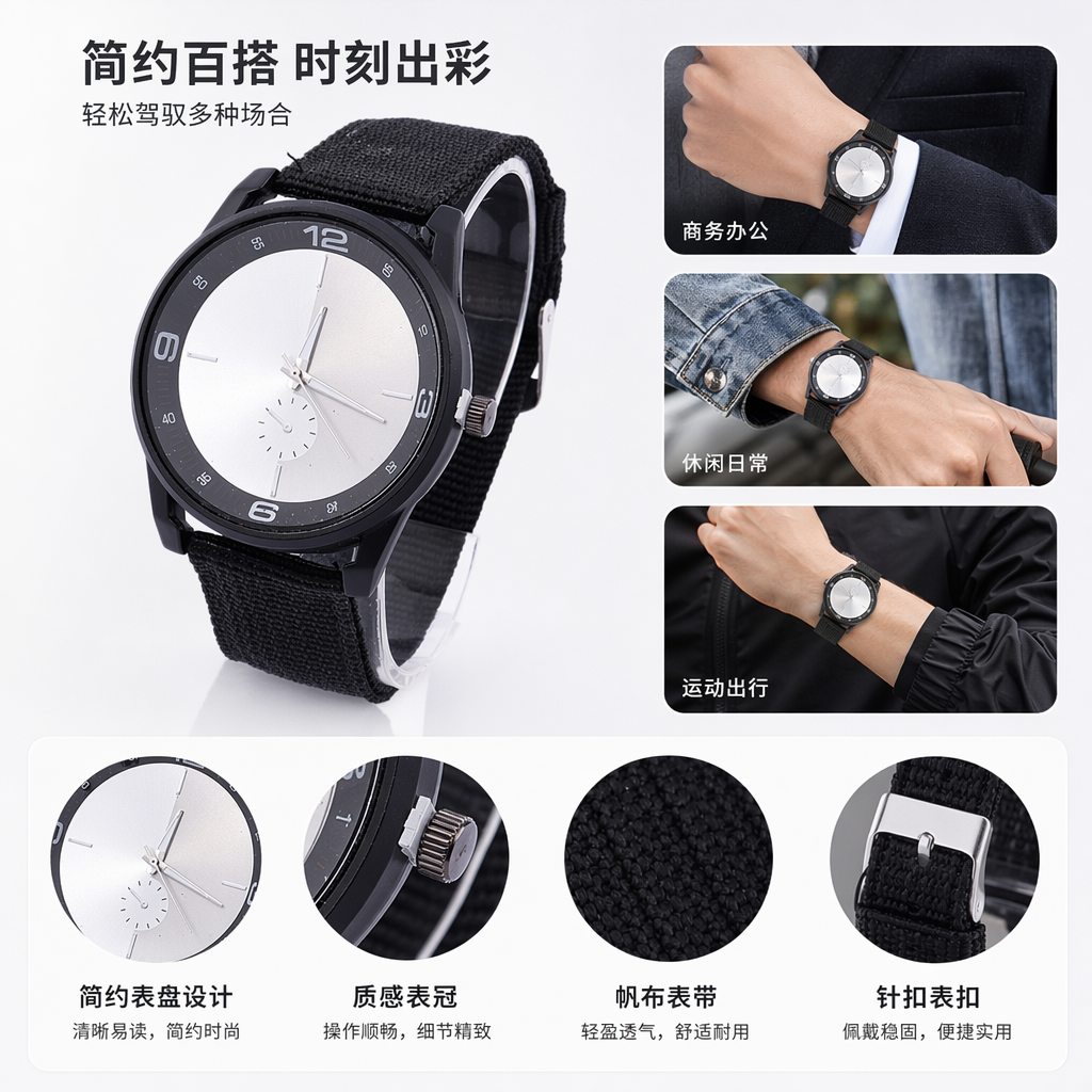 黑色表带手表男士简约石英表真皮表带防水夜光
