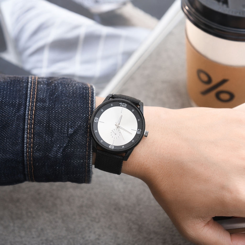 Black strap men's simple quartz watch with leather strap, waterproof and luminous details Picture